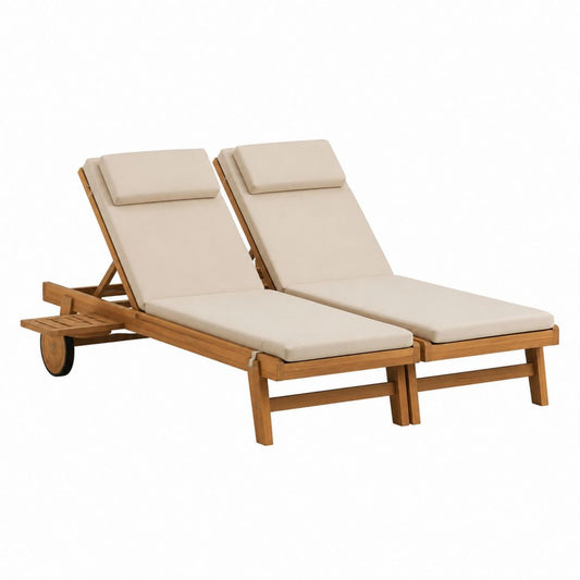 2er Set Gartenliegen aus Akazienholz mit beigen Polyesterpolstern rechteckig 200 x 70 x 30 cm