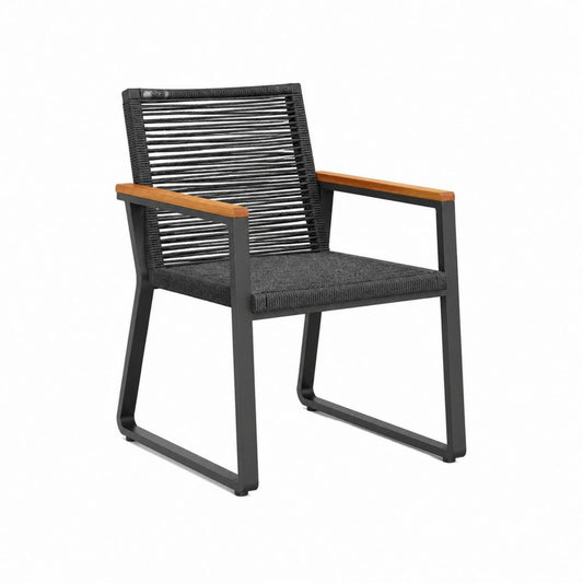 Gartensessel Schwarz mit Akazienholz-Armlehnen Aluminiumgestell 86 x 57 x 62 cm
