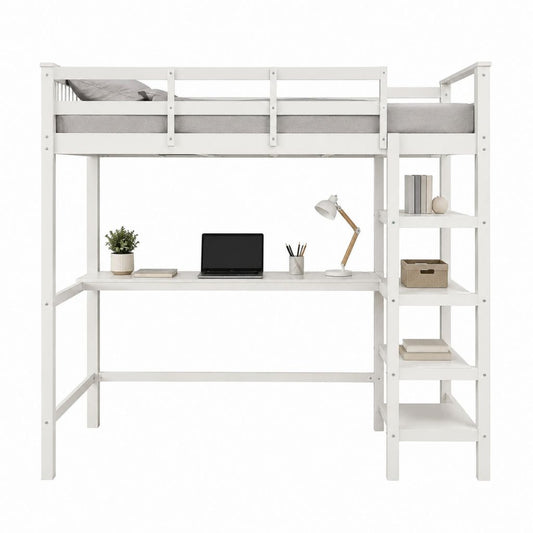 Hochbett mit Schreibtisch und Regal Weiß Massivholz 90 x 200 cm